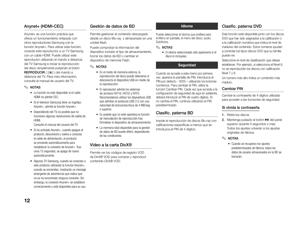 Samsung BD-J4500R/ZF manual Anynet+ HDMI-CEC Gestión de datos de BD, Clasific. paterna DVD, Vídeo a la carta DivX 