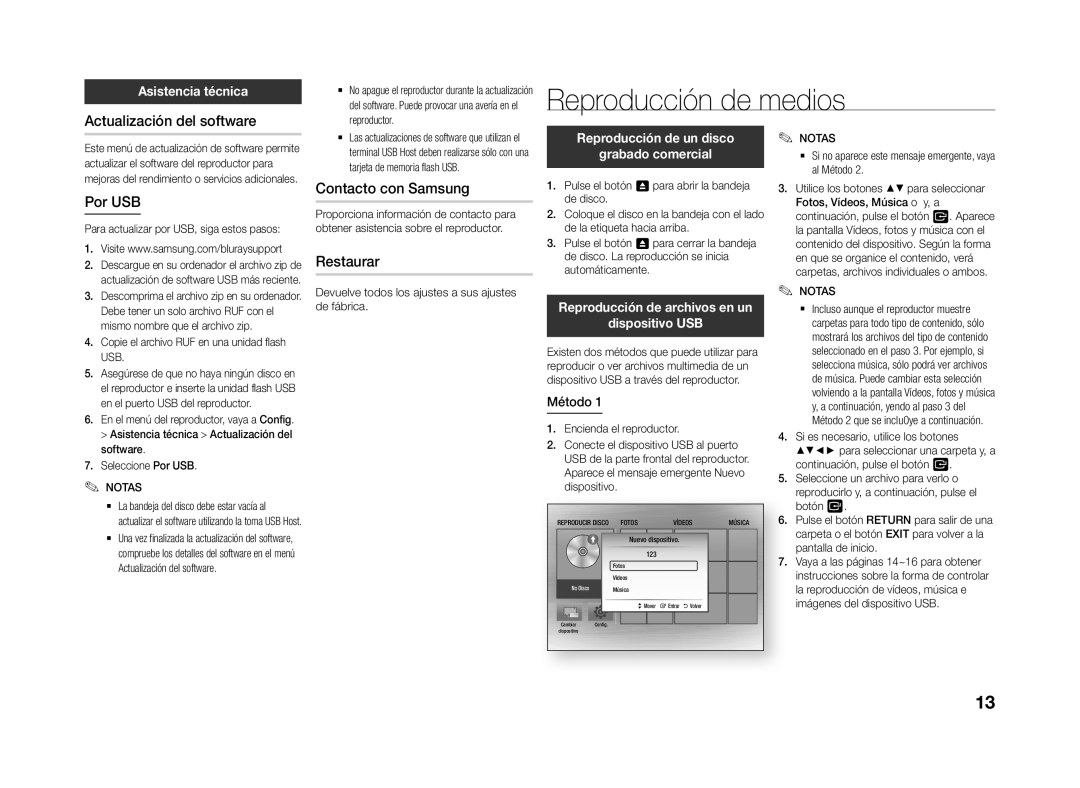 Samsung BD-J4500R/ZF manual Reproducción de medios, Actualización del software, Por USB, Contacto con Samsung, Restaurar 