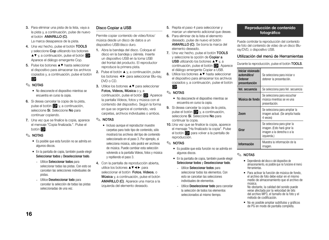 Samsung BD-J4500R/ZF manual Disco Copiar a USB, Reproducción de contenido Fotográfico, Utilización del menú de Herramientas 