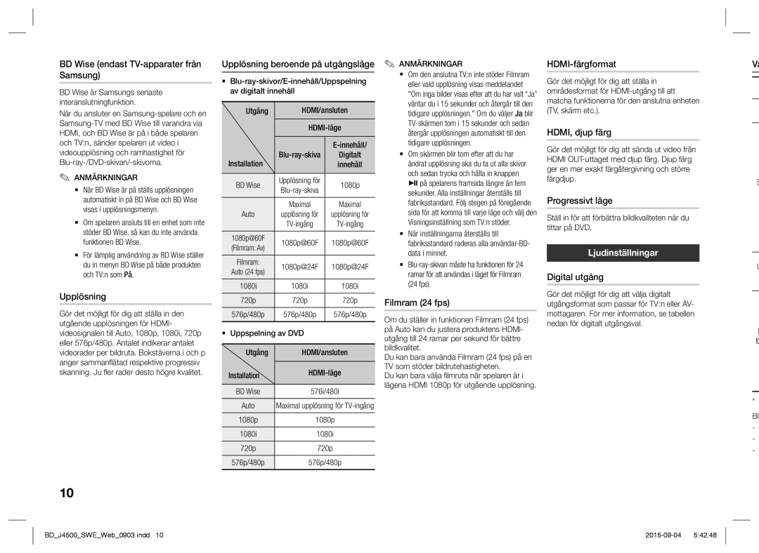 Samsung BD-J4500/XE manual Ljudinställningar 