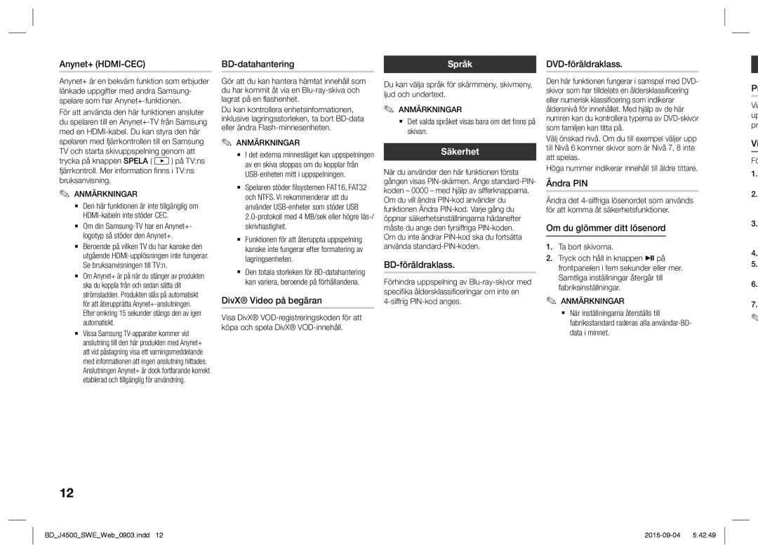 Samsung BD-J4500/XE manual Språk, Säkerhet 