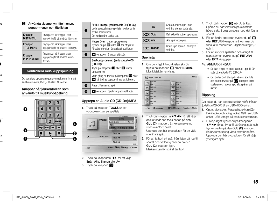 Samsung BD-J4500/XE manual Spellista, Kontrollera musikuppspelning, Upprepa en Audio CD CD-DA/MP3, Rippning, Popup Menu 