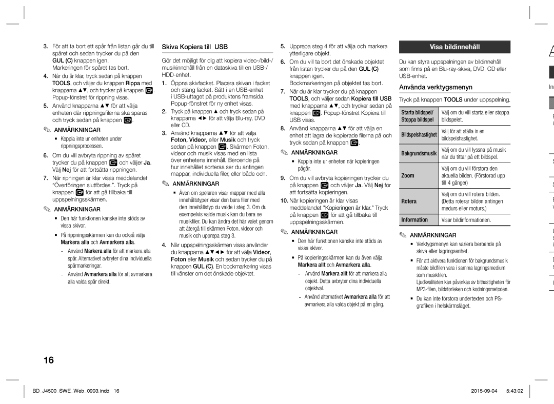 Samsung BD-J4500/XE manual Skiva Kopiera till USB, Visa bildinnehåll, Använda verktygsmenyn 