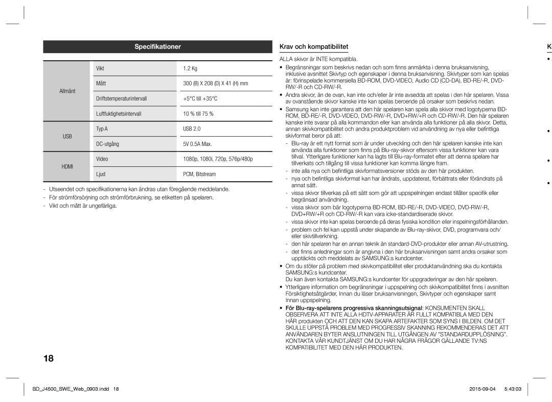 Samsung BD-J4500/XE manual Specifikationer, Krav och kompatibilitet, Vikt, Typ a USB DC-utgång 5V 0.5A Max 