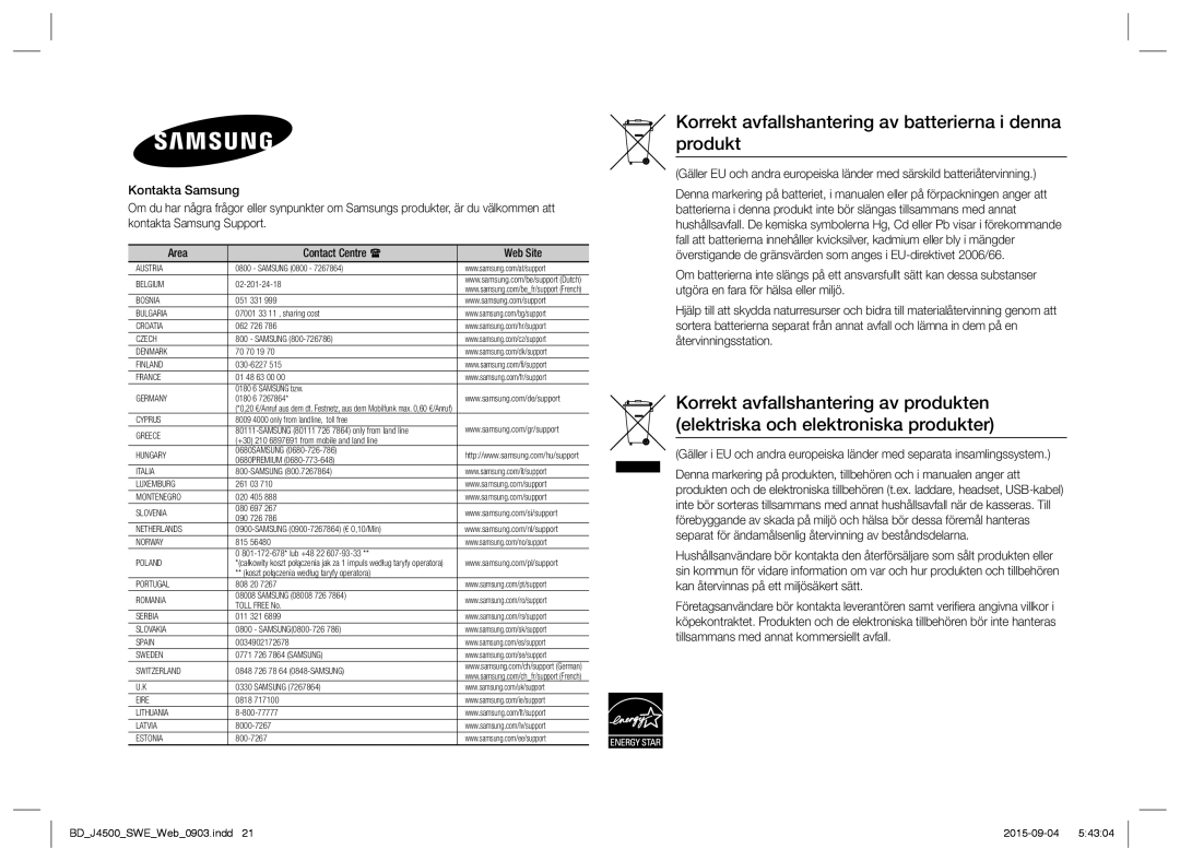 Samsung BD-J4500/XE manual Korrekt avfallshantering av batterierna i denna produkt 