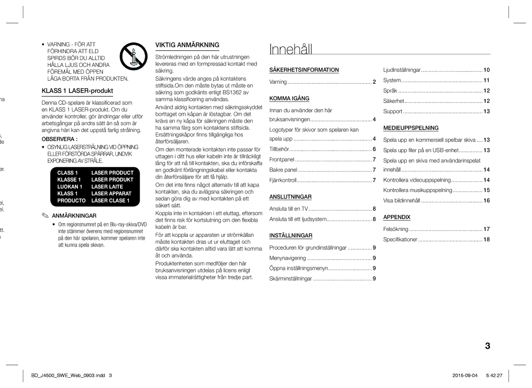 Samsung BD-J4500/XE manual Innehåll, Klass 1 LASER-produkt 