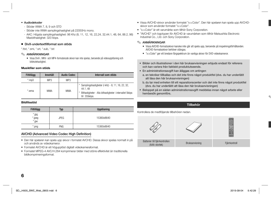 Samsung BD-J4500/XE manual Avchd Advanced Video Codec High Definition, Tillbehör, Jpeg 