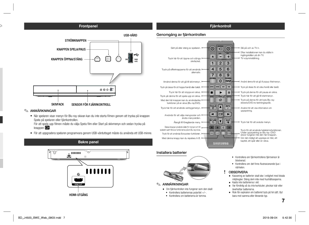 Samsung BD-J4500/XE manual Frontpanel, Fjärrkontroll, Genomgång av fjärrkontrollen, Bakre panel, Installera batterier 