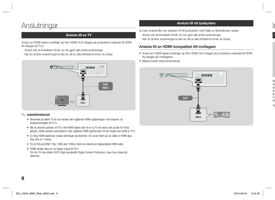 Samsung BD-J4500/XE manual Anslutningar, Ansluta till en TV, Ansluta till ett ljudsystem 