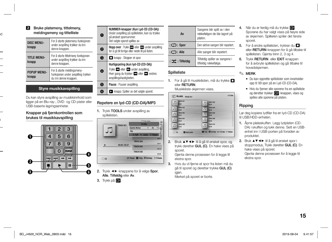 Samsung BD-J4500/XE manual Styre musikkavspilling, Spilleliste, Repetere en lyd-CD CD-DA/MP3 