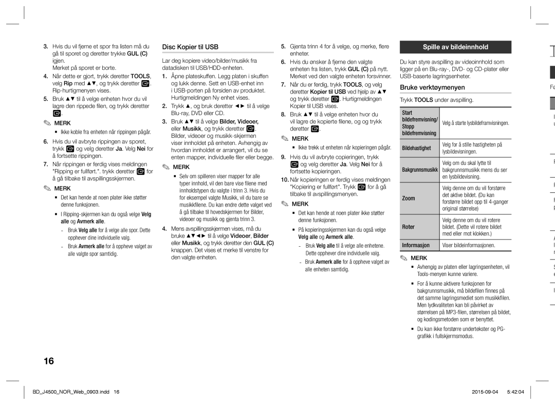 Samsung BD-J4500/XE manual Disc Kopier til USB, Spille av bildeinnhold, Bruke verktøymenyen 