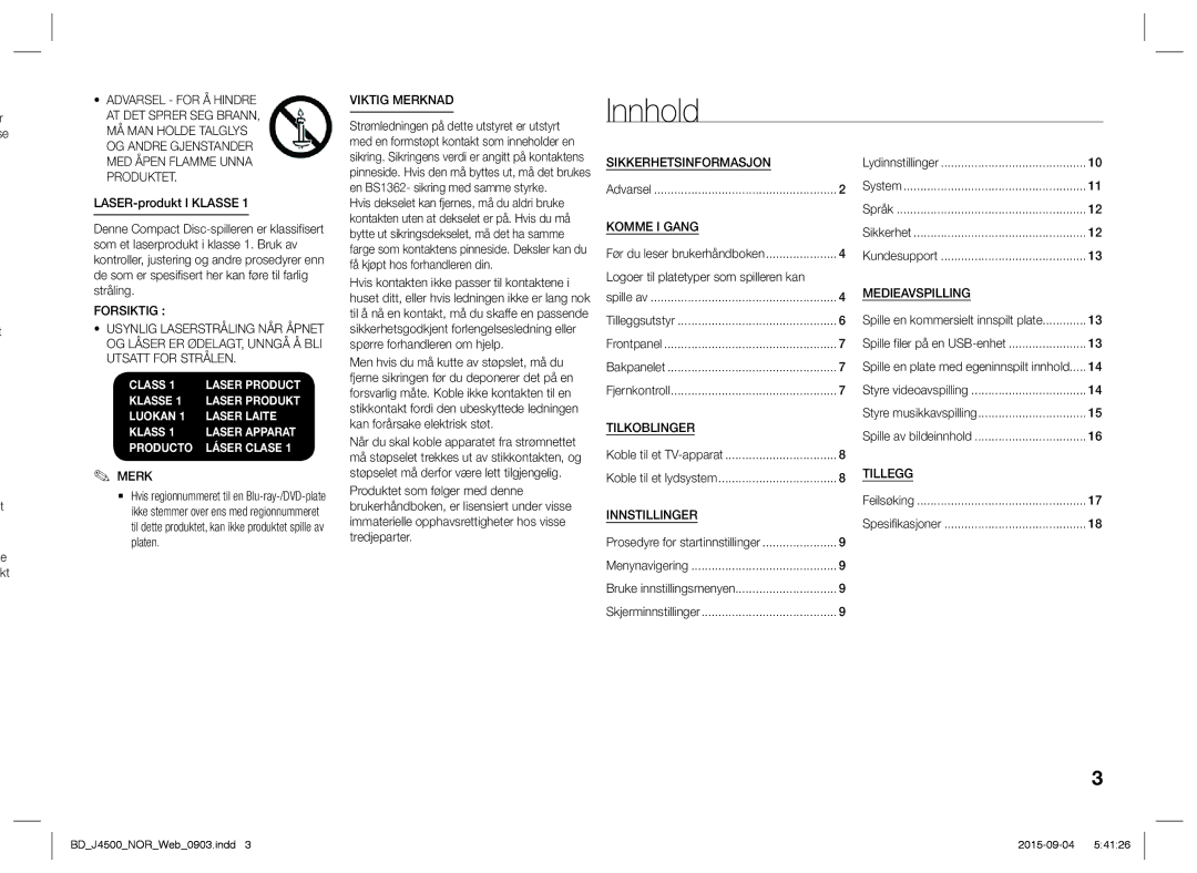 Samsung BD-J4500/XE manual Innhold 