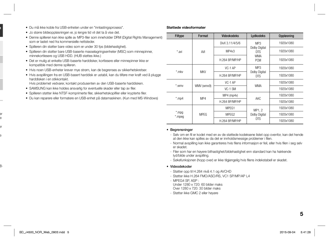 Samsung BD-J4500/XE Støttede videoformater, Filtype Format Videokodeks Lydkodeks Oppløsning, 1920x1080, MPEG4 SP, ASP 