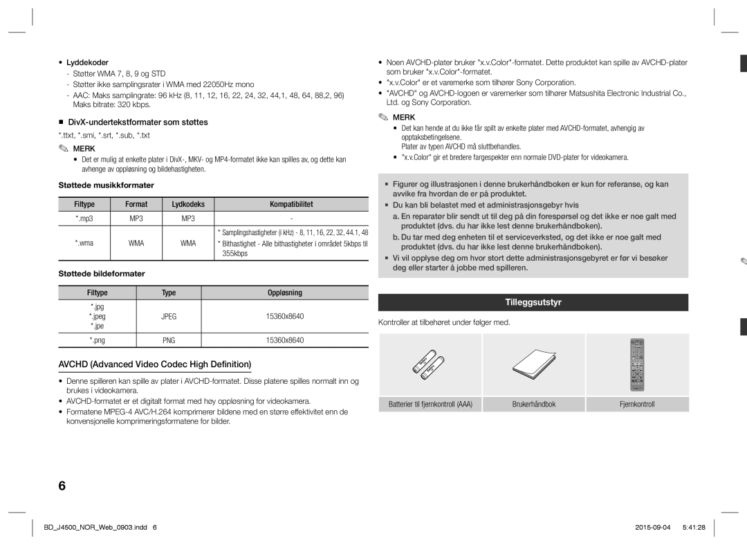 Samsung BD-J4500/XE manual Avchd Advanced Video Codec High Definition, Tilleggsutstyr, Støttede musikkformater 