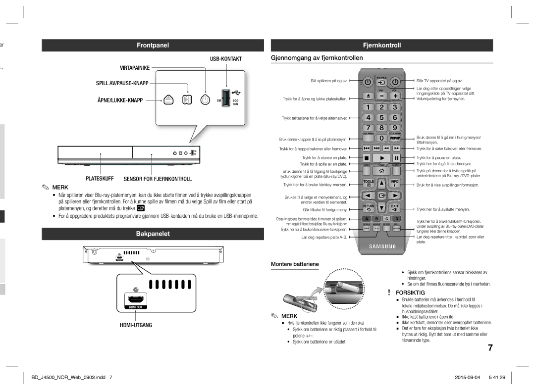 Samsung BD-J4500/XE manual Frontpanel, Fjernkontroll, Gjennomgang av fjernkontrollen, Bakpanelet 