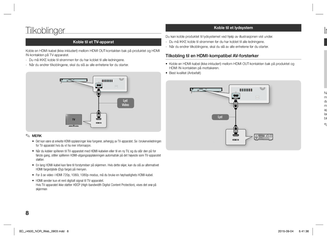 Samsung BD-J4500/XE manual Tilkoblinger, Koble til et TV-apparat, Koble til et lydsystem 