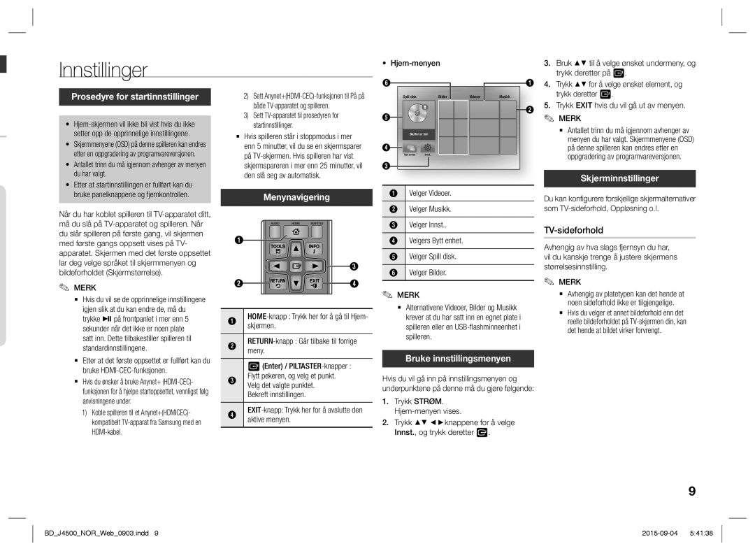 Samsung BD-J4500/XE manual Innstillinger, Prosedyre for startinnstillinger, Menynavigering, Bruke innstillingsmenyen 