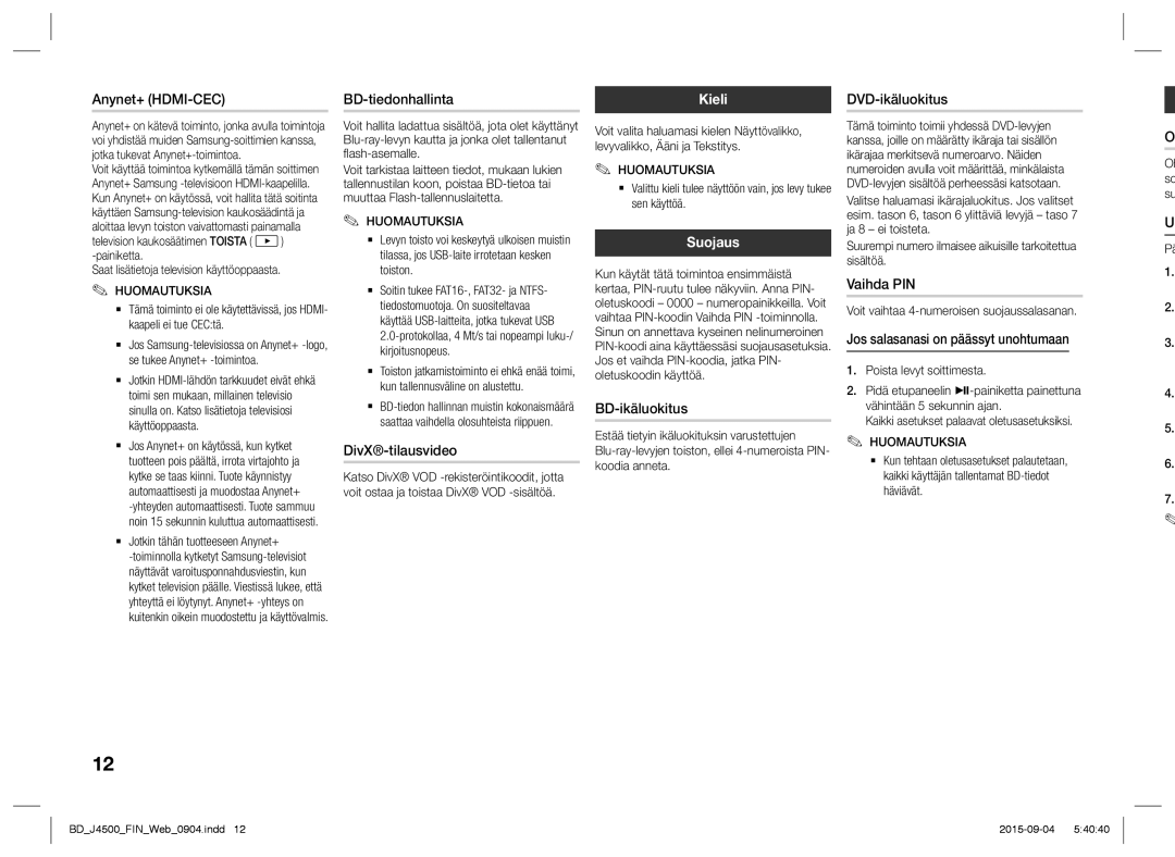 Samsung BD-J4500/XE manual Kieli, Suojaus 