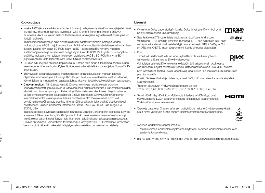 Samsung BD-J4500/XE manual Kopiosuojaus Lisenssi 