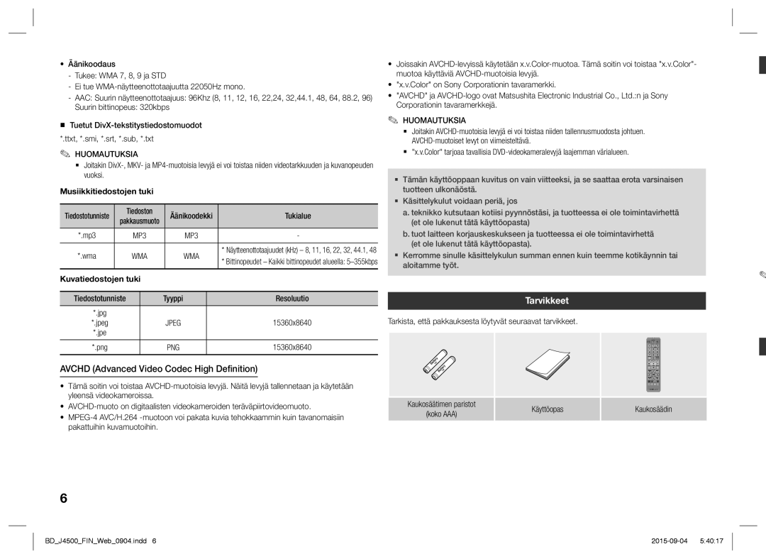 Samsung BD-J4500/XE Avchd Advanced Video Codec High Definition, Tarvikkeet, Tiedoston Äänikoodekki Tukialue, Käyttöopas 