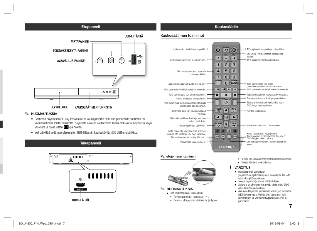 Samsung BD-J4500/XE manual Etupaneeli, Kaukosäädin, Kaukosäätimen toiminnot, Takapaneeli 