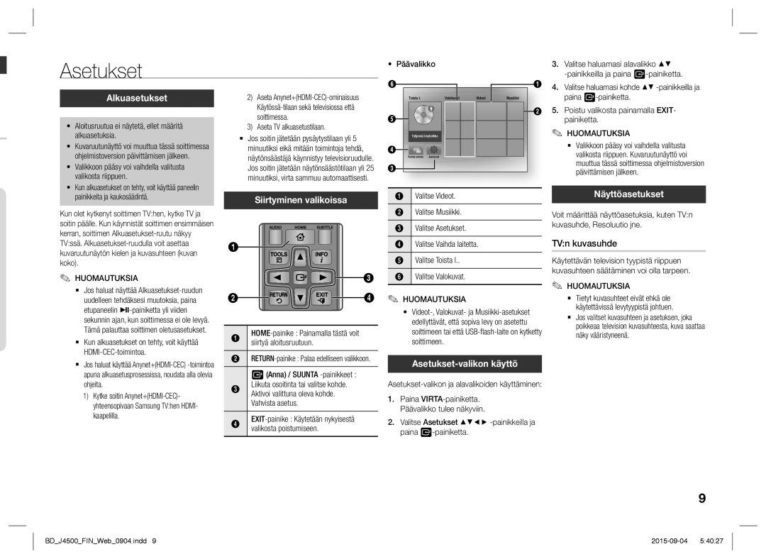 Samsung BD-J4500/XE manual Alkuasetukset, Siirtyminen valikoissa, Asetukset-valikon käyttö, Näyttöasetukset 