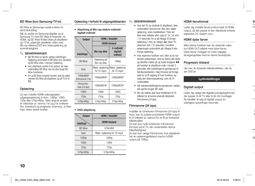 Samsung BD-J4500/XE manual Lydindstillinger 