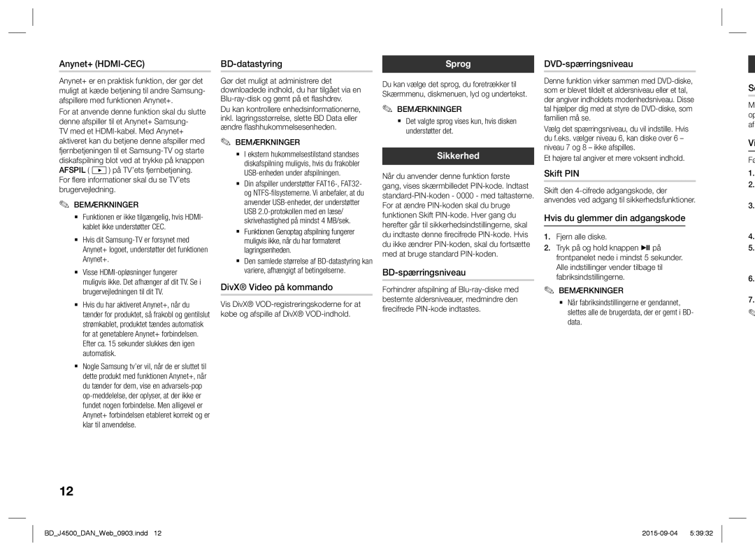 Samsung BD-J4500/XE manual Sprog, Sikkerhed 