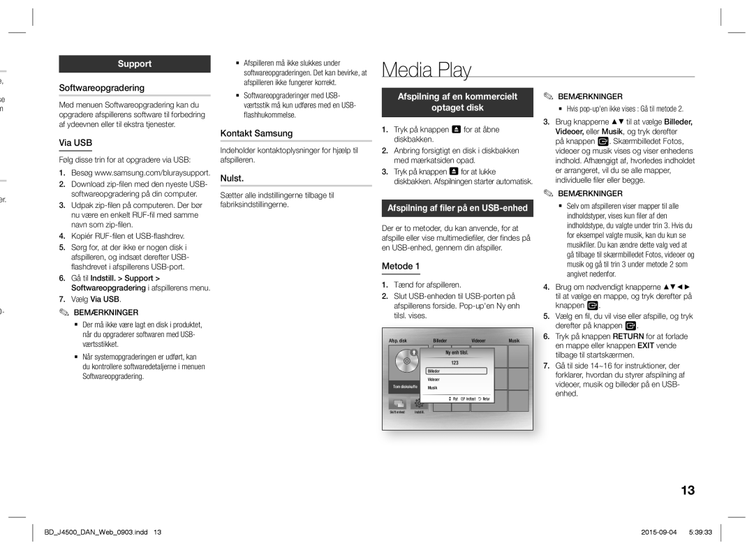 Samsung BD-J4500/XE manual Media Play, Support, Afspilning af en kommercielt Optaget disk 