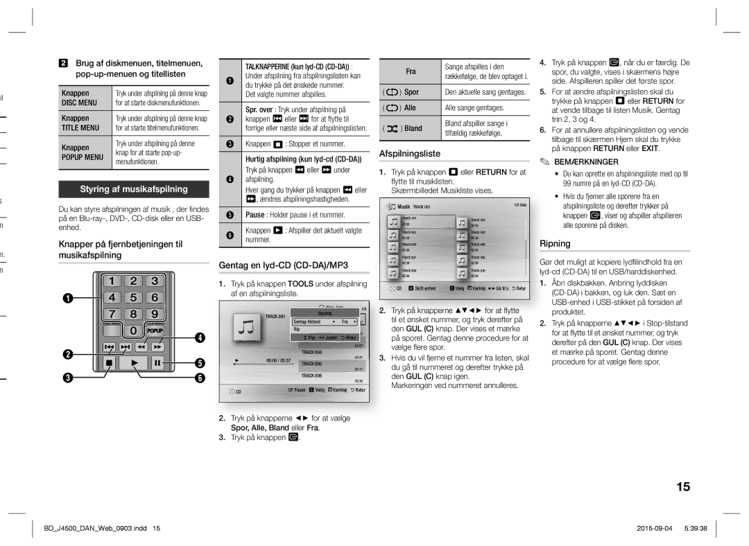 Samsung BD-J4500/XE manual Styring af musikafspilning, Afspilningsliste, Gentag en lyd-CD CD-DA/MP3, Ripning 