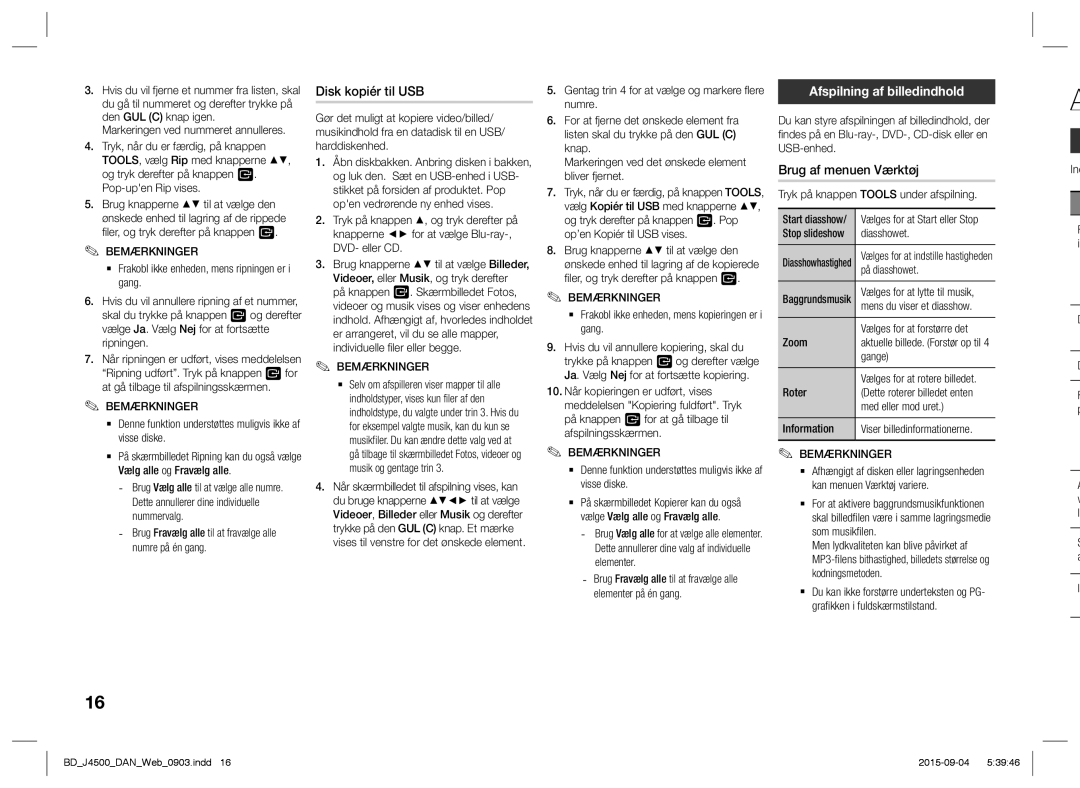 Samsung BD-J4500/XE manual Disk kopiér til USB, Afspilning af billedindhold, Brug af menuen Værktøj 