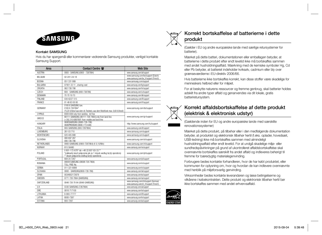 Samsung BD-J4500/XE manual Korrekt bortskaffelse af batterierne i dette produkt 