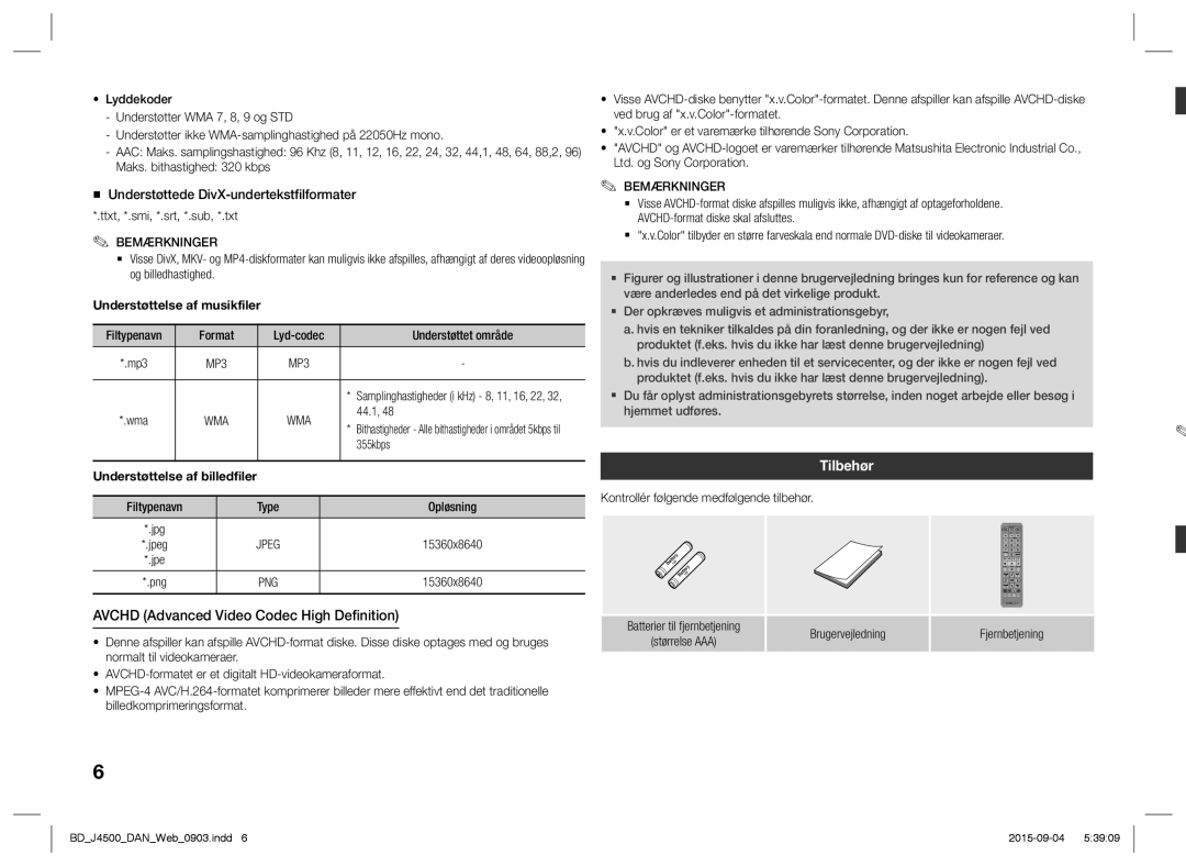 Samsung BD-J4500/XE manual Avchd Advanced Video Codec High Definition, Tilbehør, Understøttelse af musikfiler 