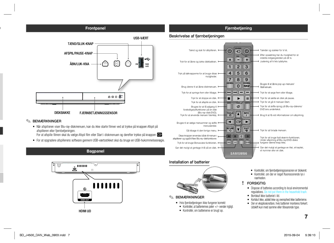 Samsung BD-J4500/XE manual Frontpanel, Fjernbetjening, Beskrivelse af fjernbetjeningen, Bagpanel, Installation af batterier 