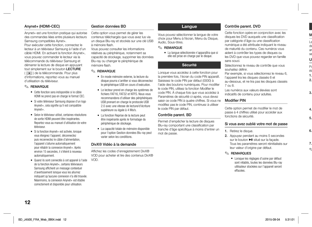 Samsung BD-J4500/ZF manual Sécurité 