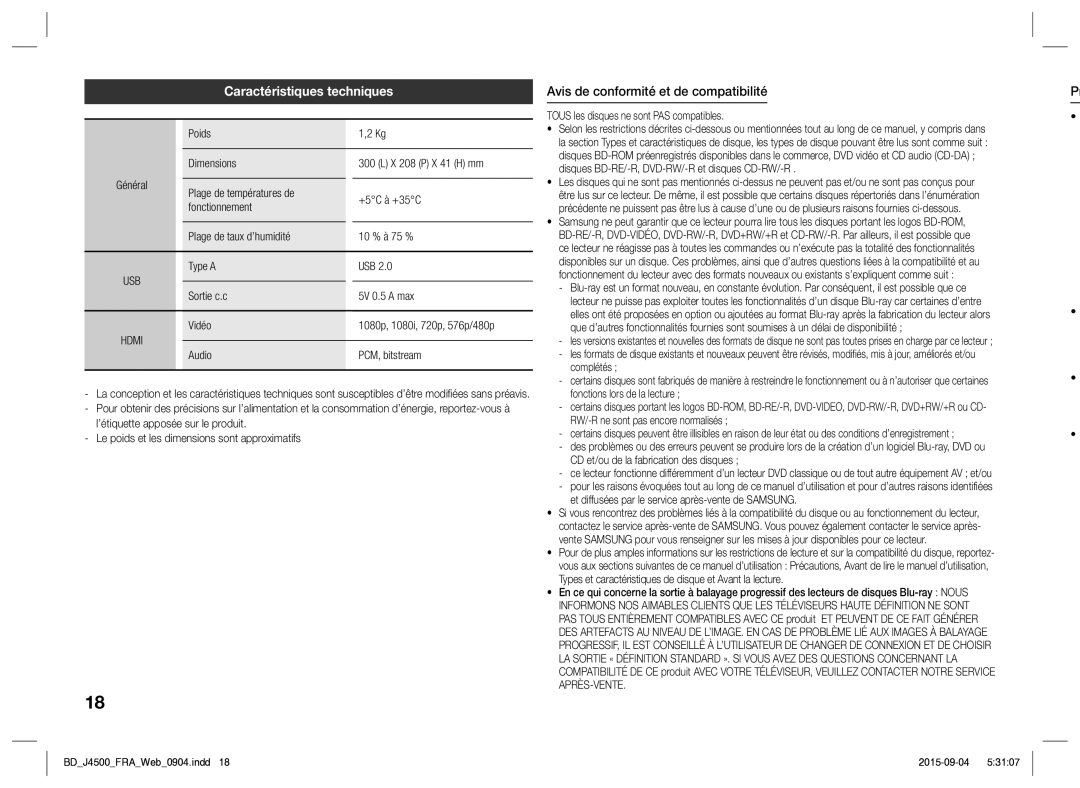 Samsung BD-J4500/ZF manual Caractéristiques techniques, Avis de conformité et de compatibilité 