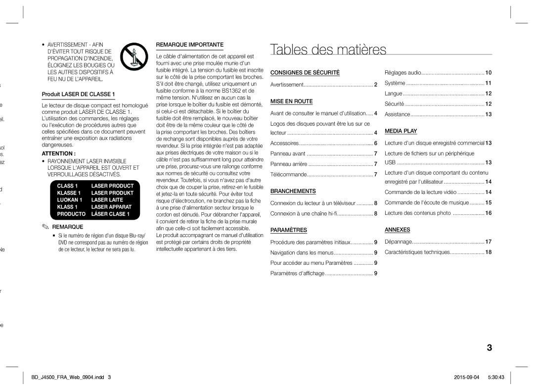 Samsung BD-J4500/ZF manual Tables des matières 