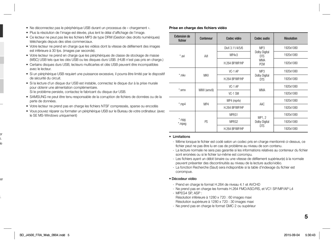 Samsung BD-J4500/ZF manual Wma, MPEG4 SP, ASP 