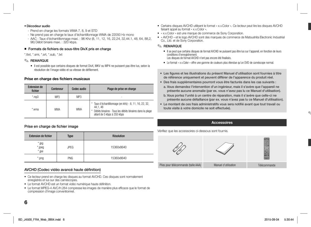 Samsung BD-J4500/ZF Prise en charge de fichier image, Avchd Codec vidéo avancé haute définition, Accessoires, Jpeg, Png 