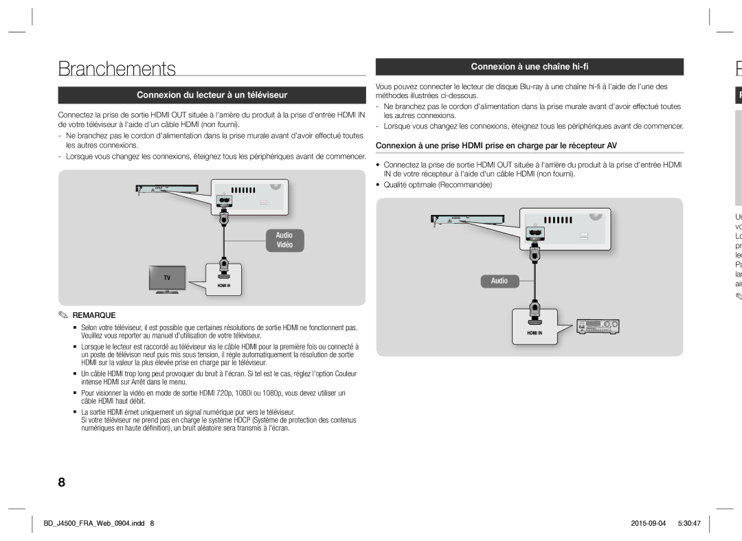 Samsung BD-J4500/ZF manual Branchements, Connexion du lecteur à un téléviseur, Connexion à une chaîne hi-fi 