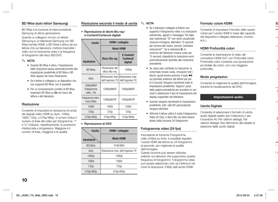 Samsung BD-J4500/ZF manual Impostazioni audio 