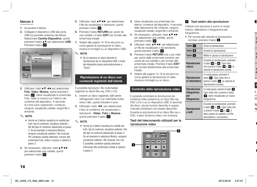 Samsung BD-J4500/ZF manual Tasti del telecomando utilizzati per la riproduzione video 