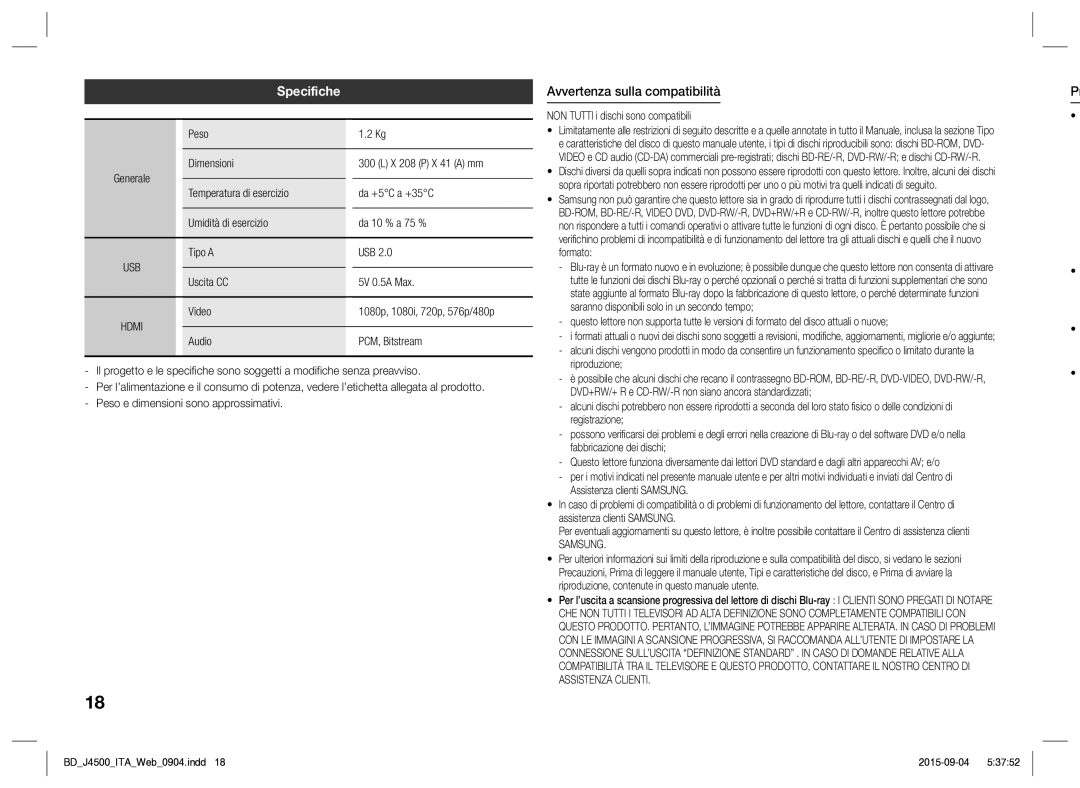 Samsung BD-J4500/ZF manual Specifiche, Avvertenza sulla compatibilità, Samsung 