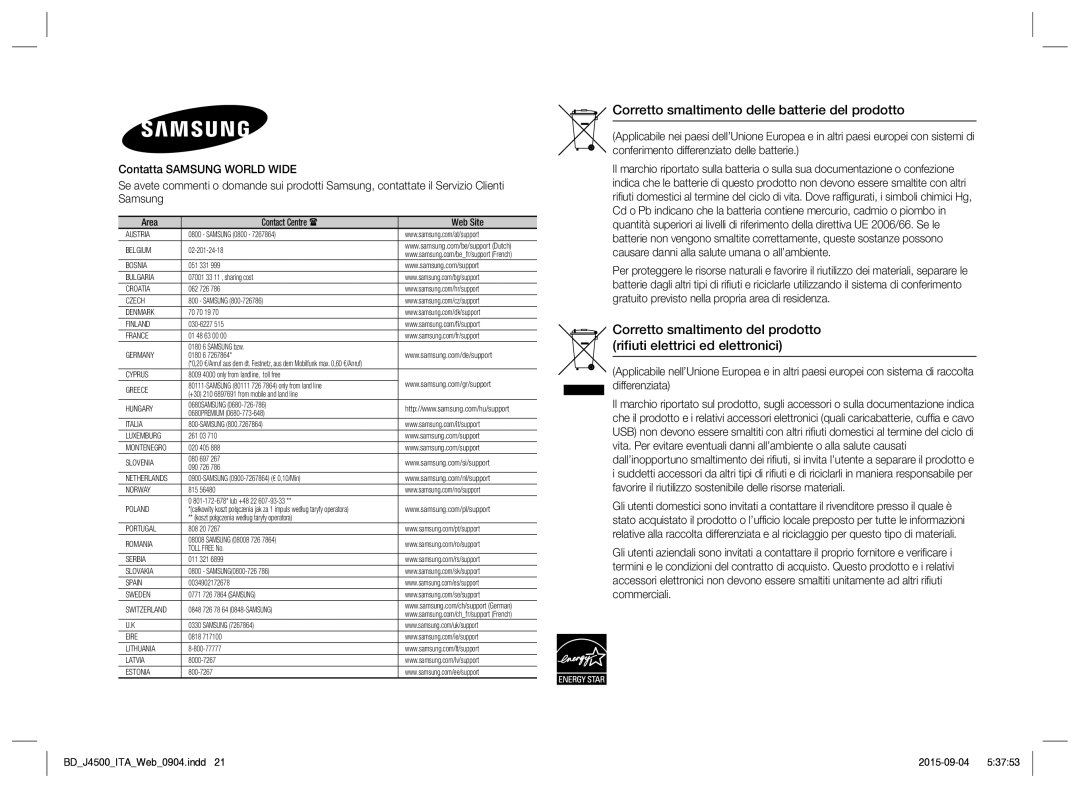 Samsung BD-J4500/ZF manual Corretto smaltimento delle batterie del prodotto, Area Contact Centre  Web Site 