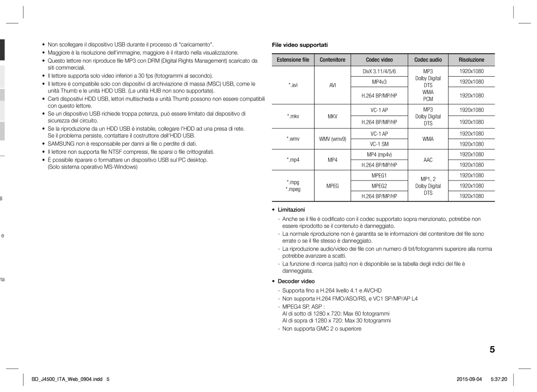 Samsung BD-J4500/ZF manual 1920x1080, MPEG4 SP, ASP 