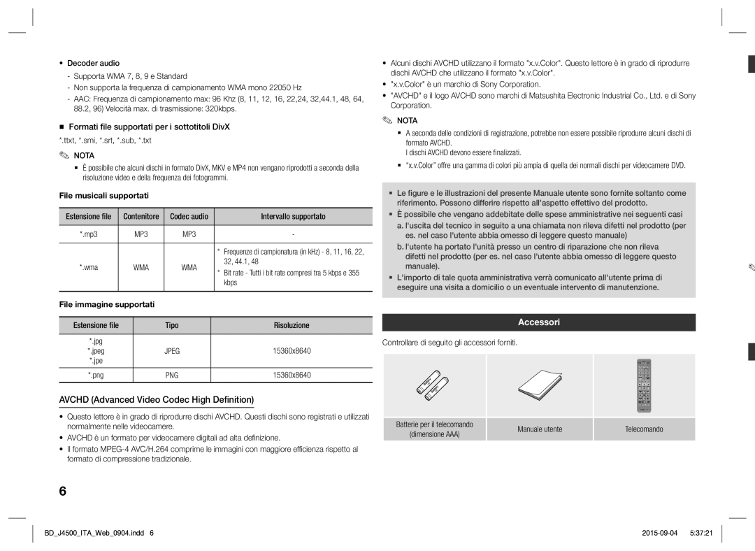 Samsung BD-J4500/ZF manual Avchd Advanced Video Codec High Definition, Accessori 