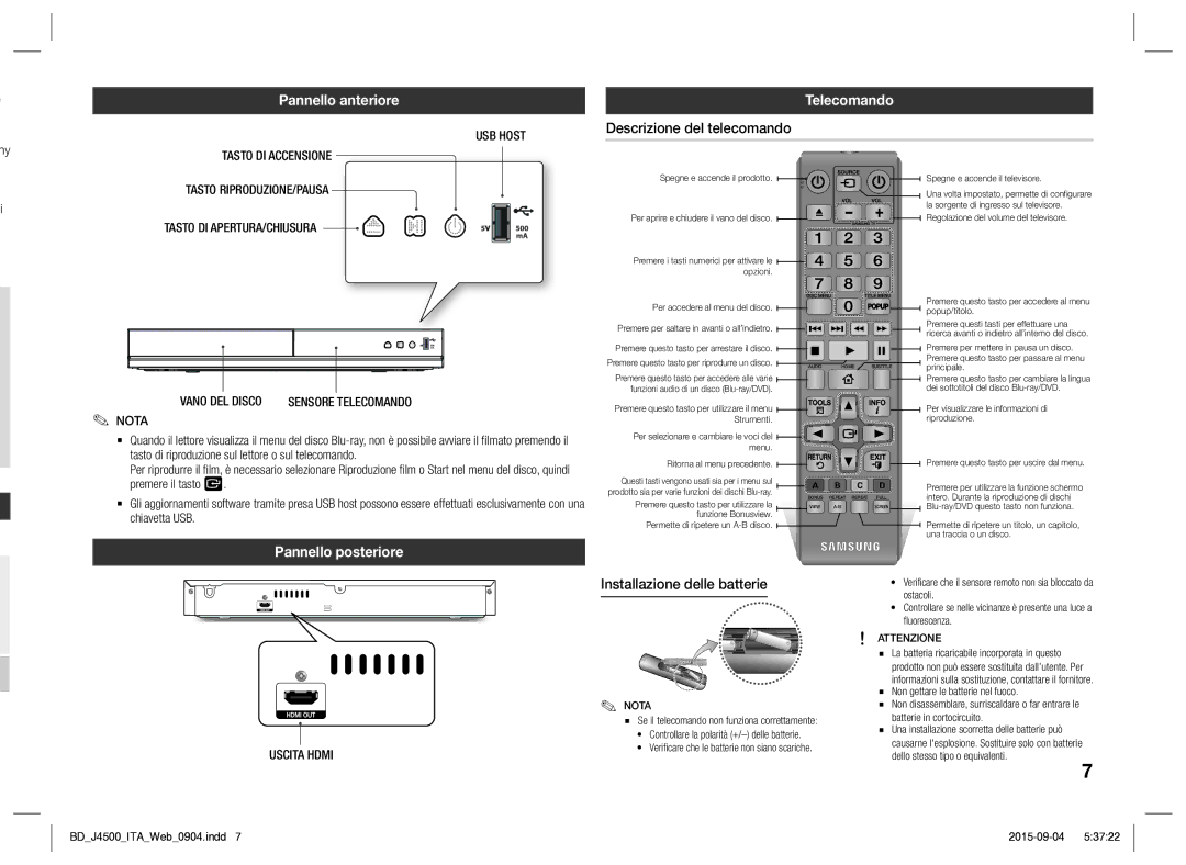 Samsung BD-J4500/ZF manual Pannello anteriore, Telecomando, Descrizione del telecomando, Pannello posteriore 