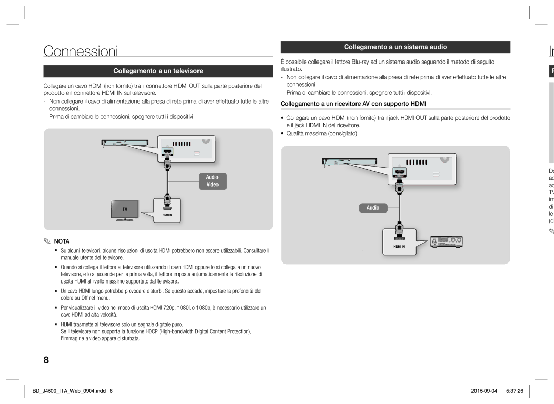 Samsung BD-J4500/ZF manual Connessioni, Collegamento a un televisore, Collegamento a un sistema audio 