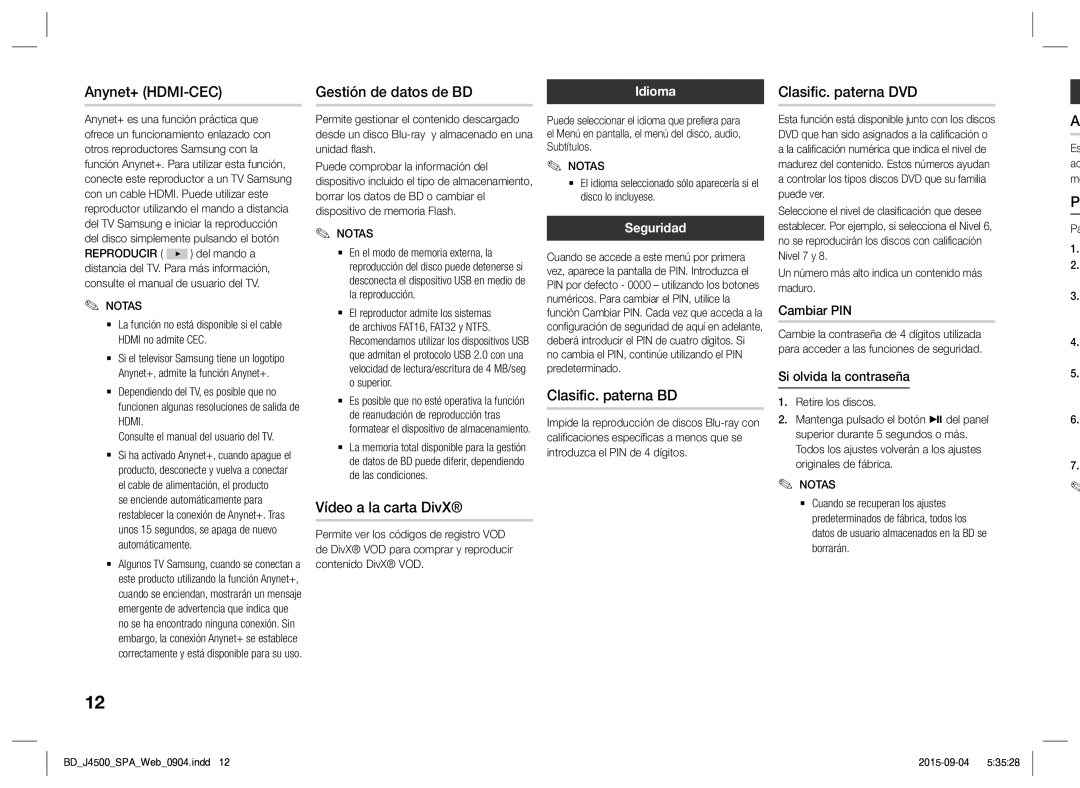 Samsung BD-J4500/ZF manual Anynet+ HDMI-CEC Gestión de datos de BD, Clasific. paterna DVD, Vídeo a la carta DivX 