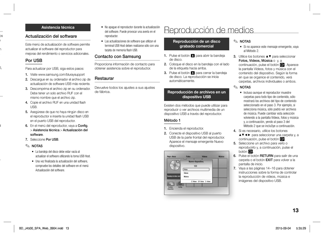 Samsung BD-J4500/ZF manual Reproducción de medios, Actualización del software, Por USB, Contacto con Samsung, Restaurar 